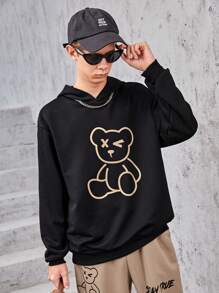 SHEIN 青少年男孩小熊印花落肩袖連帽衫&字母圖案衛褲 - 彩色 - 查看 4