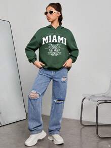 少女字母图案落肩卫衣 - 軍綠色 - 查看 6