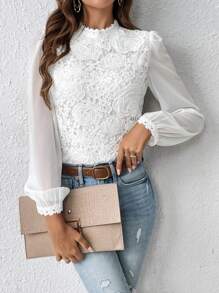 SHEIN Frenchy Guipure Lace Insert Lantern Sleeve Blouse Winter Elegant White Spring - White - View 3