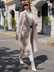 SHEIN Cottnline Lapel Neck Double Breasted Flap Detail Overcoat - Apricot - View 6