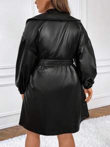 SHEIN Frenchy Plus Drop Shoulder Belted PU Leather Trench Coat - Black - View 2