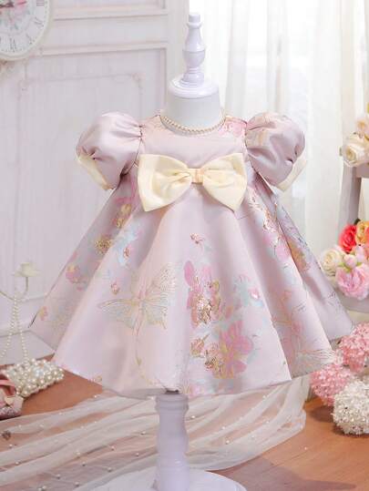 SHEIN Glamorique Kids Baby Girls Floral Print Bow Front Puff Sleeve Dress