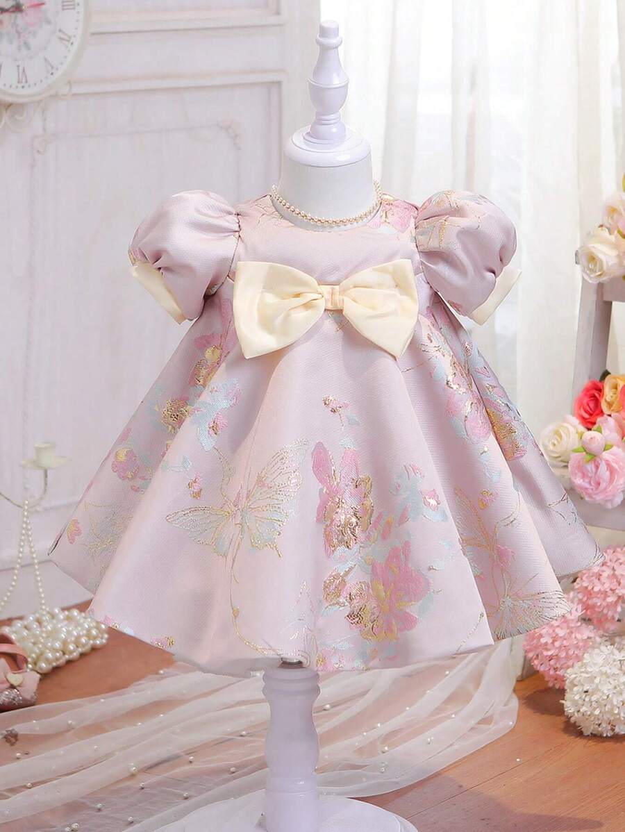 SHEIN Glamorique Kids 女嬰花卉印花蝴蝶結泡泡袖洋裝 - 粉色 - 查看 1
