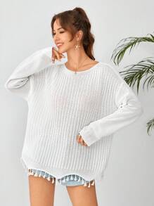 Soleia Drop Shoulder Tassel Hem Sweater - White - View 4