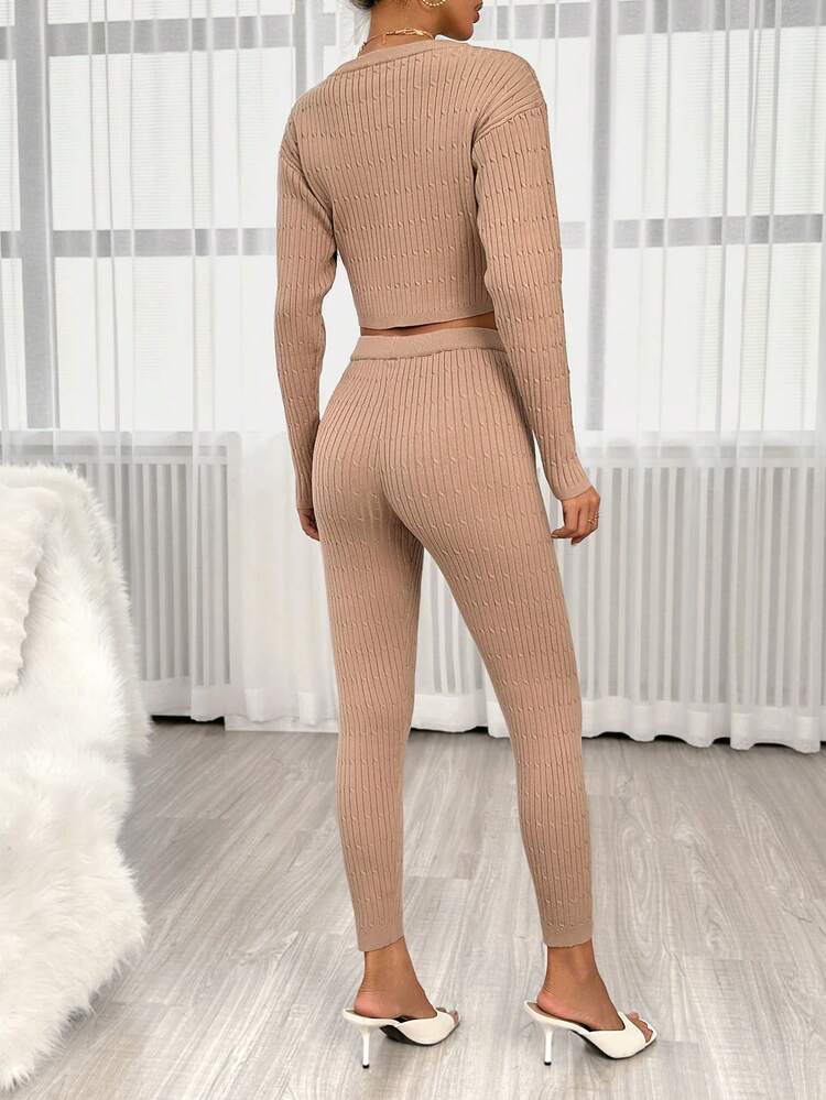Solid Ribbed Knit Sweater & Knit Pants