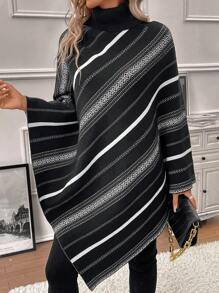 SHEIN LUNE Striped Pattern Turtleneck Batwing Sleeve Knit Poncho - Multicolor - View 3