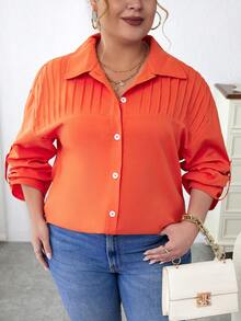 Calvaya Plus Roll Tab Sleeve Button Front Shirt - Orange - View 4