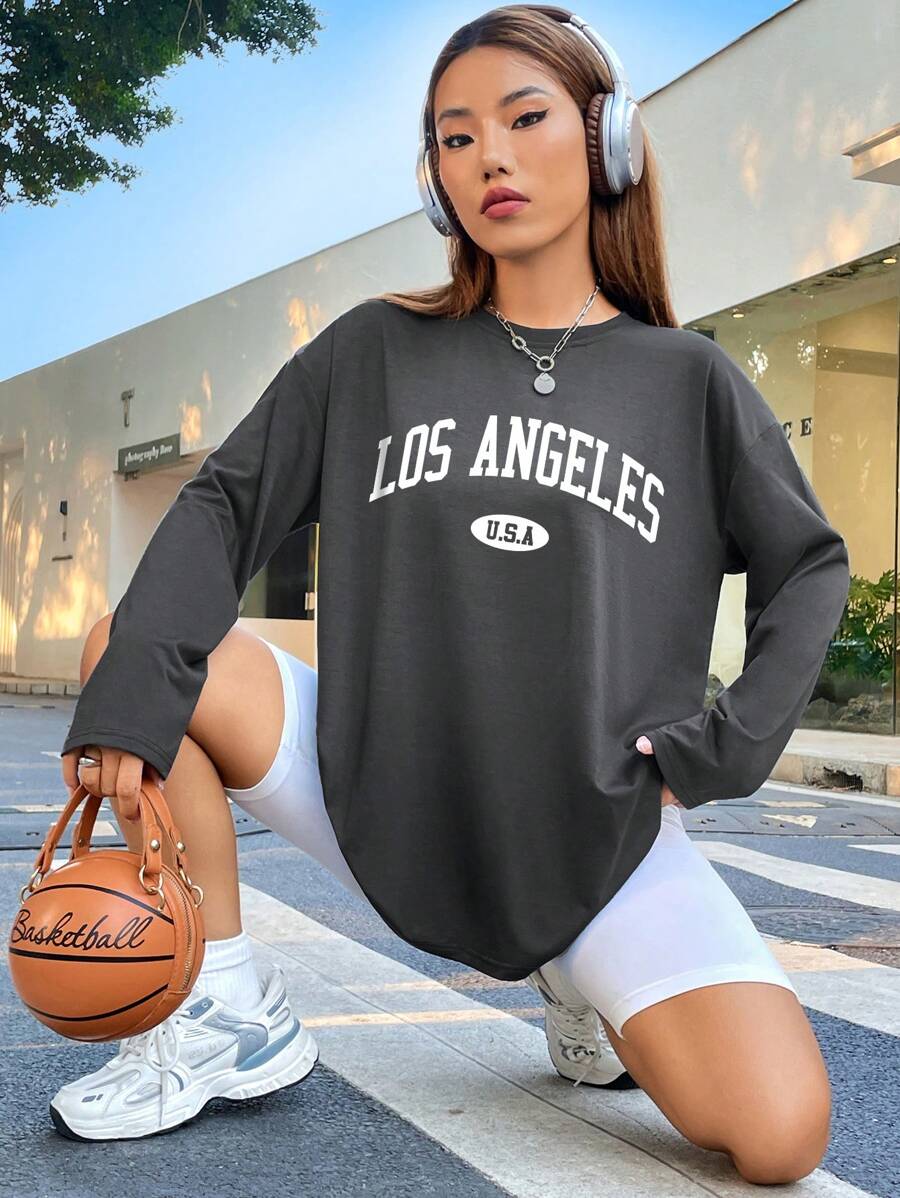 SHEIN EZwear Letter Graphic Drop Shoulder Tee - Dark Grey - View 1