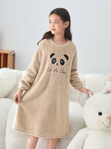 SHEIN Tween Girl Panda & Letter Embroidery Flannel Tissue Sleepshirt - Khaki - View 3