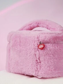 SHEIN X Care Bears 1pc Large Capacity Cute Pink Plush Care Cheer Bear Cartoon Design Cosmetic Bag With Handle, Gift
