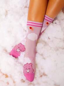 SHEIN X Care Bears 2 Pairs Women Striped & Heart Design Mid Calf Socks, Purple & Pink