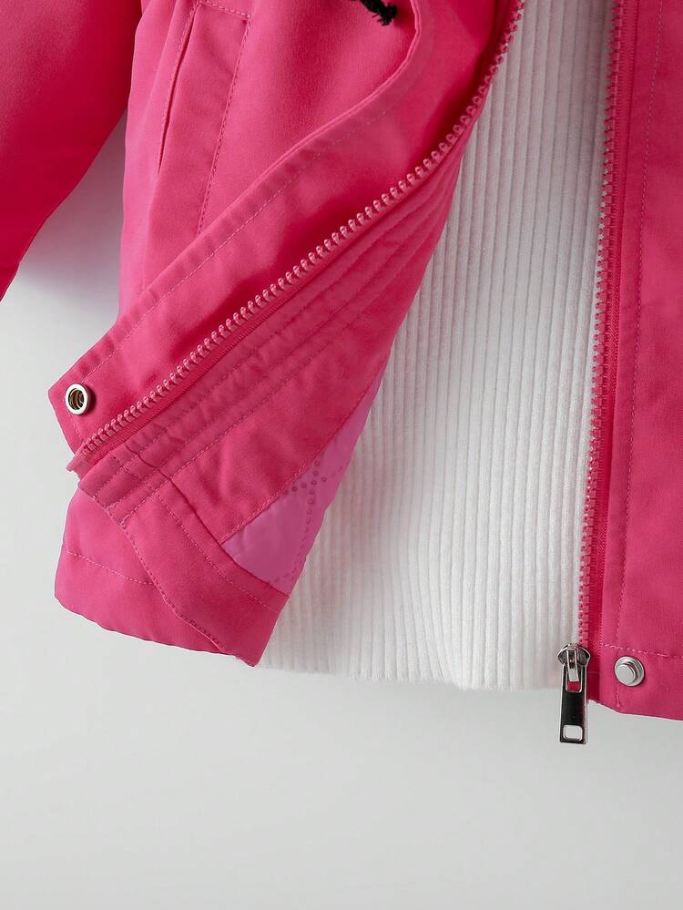 Young Girl Drawstring Waist Fuzzy Trim Teddy Lined Hooded Coat Without Tee