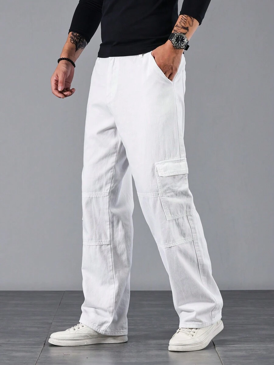 Manfinity Homme Loose Fit Men's Jeans With Flap Side Cargo Pockets, Men White Cargo Pants, Men Straight Leg Cargo Pants, Men Casual Cargo Pants - Beige - View 1