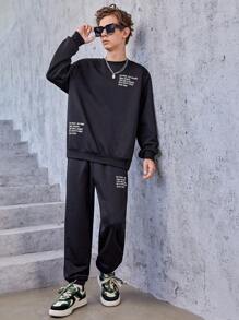 SHEIN Teen Boy Slogan Graphic Drop Shoulder Sweatshirt & Sweatpants - Black - View 1