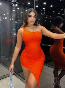 SHEIN SXY Orange Mesh Gathered Asymmetric One Shoulder Women's Dress - Burnt Orange - View 1