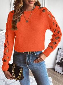 SHEIN LUNE Cut Out Raglan Sleeve Crisscross Sweater - Orange - View 3