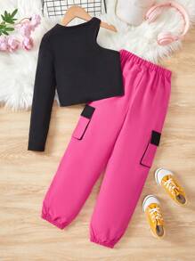 SHEIN 女孩不對稱領T恤&翻蓋口袋長褲 - 玫紅色 - 查看 2