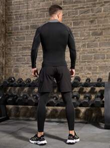 Manfinity Sport Corelite 男友风男士纯色立领插肩袖休闲健身长袖T恤，适合上学、运动、健身等场合，具有压缩、全息、纯色等多种功能，秋季压缩衣透气修身，圆领压缩衣，男士款 - 黑色 - 查看 6