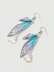 ROMWE Fairycore 對波西米亞風塑料翅膀設計水鑽裝飾吊式耳環女式日常裝飾 - 彩色 - 查看 3