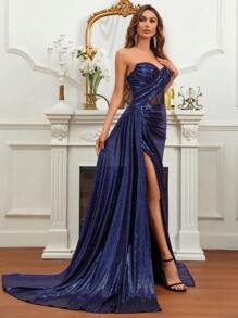 SHEIN Belle 金屬光澤面料,褶皺細節,結合網眼與半透明側繞落地女士晚禮服 - 藍色 - 查看 5