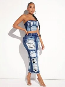 SHEIN SXY Washed Pattern Tube Top & Pencil Skirt - Multicolor - View 1