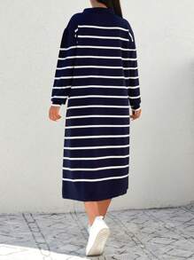 EURMUSE Plus Striped Pattern Drop Shoulder Polo Neck Sweater Dress, For Winter - Navy Blue - View 2