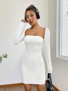 SHEIN EZwear Solid Tube Bodycon Dress & Bolero - White - View 1