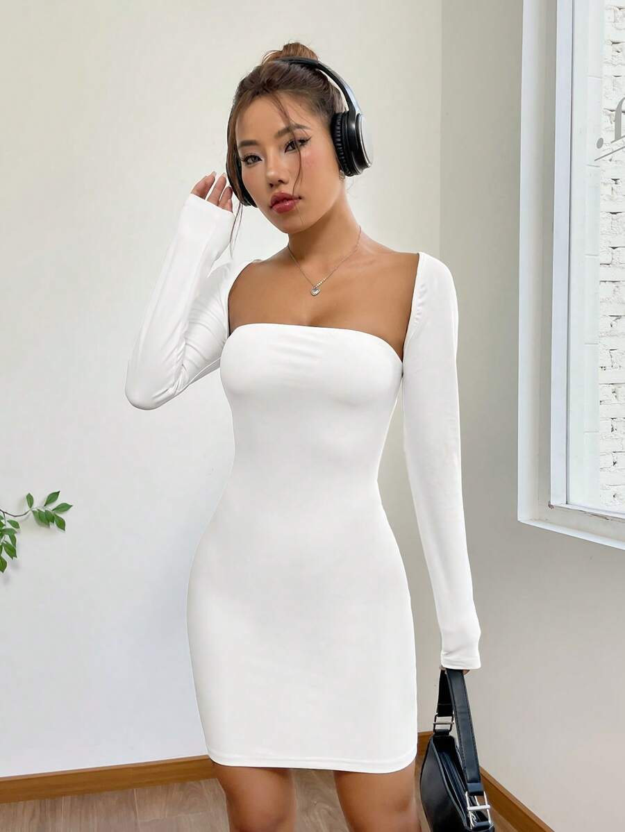 SHEIN EZwear Solid Tube Bodycon Dress & Bolero - White - View 1