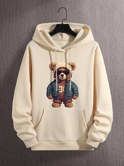 Manfinity Dauomo Men Bear Print Pocket Drawstring Thermal Hoodie, Fall Winter