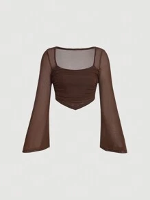 SHEIN MOD 方領喇叭袖褶飾手帕下擺T恤 - 棕色 - 查看 1