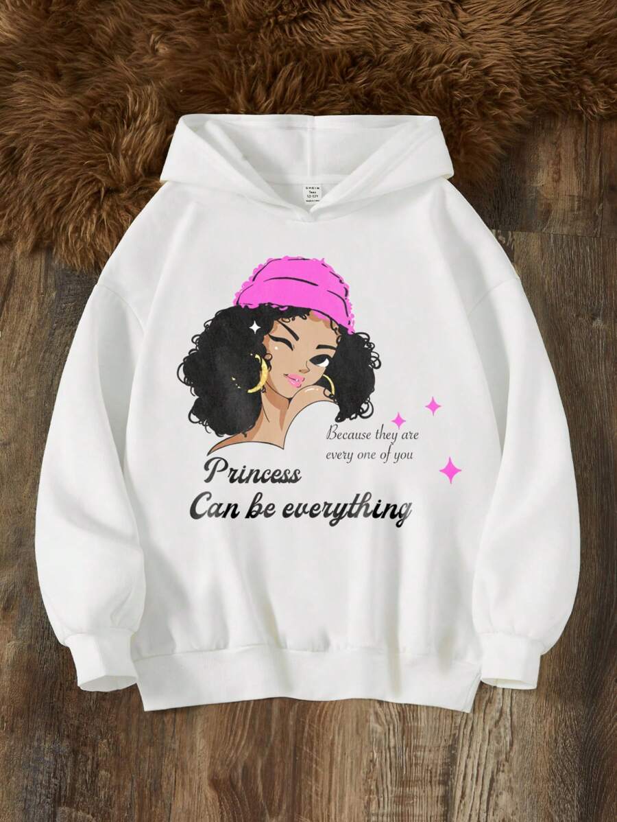 Teen Girl Slogan & Figure Graphic Sweatshirt - White - View 1