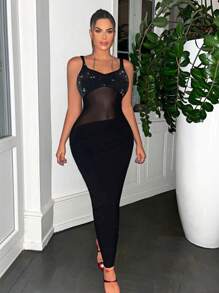 SHEIN SXY Lưới tương phản Váy Cami Bodycon - màu đen - Xem 1