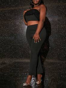 Slaydiva Plus Fuzzy Trim Crop Tube Top & Pants