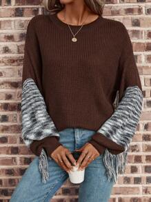 SHEIN LUNE Space Dye Fringe Trim Drop Shoulder Sweater - Multicolor - View 6