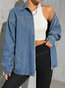 SHEIN EZwear Drop Shoulder Denim Coat - Blue - View 1