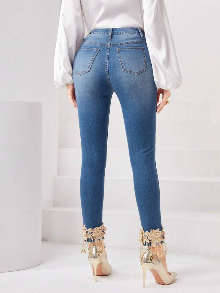 Floral Embroidery Appliques Skinny Jeans