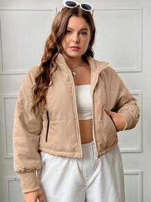 SHEIN EZwear 加大拉链落肩衬垫大衣 - 咖啡棕 - 查看 4