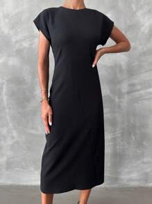 SHEIN Cottnline 素色蝙蝠袖緊身洋裝 - 黑色 - 查看 5