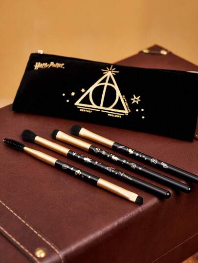 HARRY POTTER X SHEIN 4pcs/Set Black Makeup Brushes With Deathly Hallows Pattern Storage Bag, Gifts