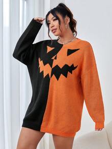 SHEIN EZwear Plus Two Tone Drop Shoulder Sweater - Multicolor - View 3