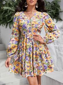 SHEIN VCAY Vestido con estampado floral de manga farol bajo con fruncido - Multicolor - Ver 3