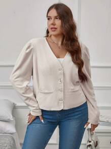 SHEIN Clasi Plus Puff Sleeve Button Front Jacket - White - View 5