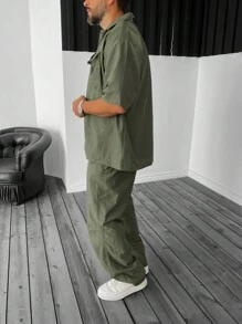Manfinity Hypemode Oversized Men's Flap Pocket Shirt & Drawstring Waist Pants (Without Tee) - Army Green - View 5