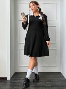 SHEIN EZwear 大碼撞色領燈籠袖洋裝 - 黑色 - 查看 1