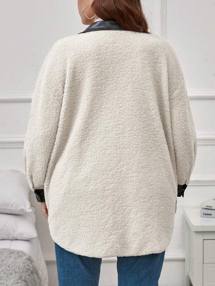 Plus Contrast Trim Drop Shoulder Teddy Coat