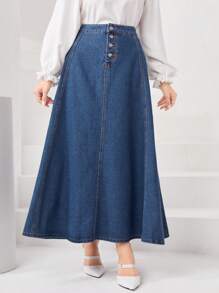 SHEIN Privé Button Front Denim Skirt - Dark Wash - View 1