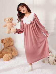 SHEIN Tween Girl Pink Knitted Contrast Stitching Lace Decorative Ruffles Long-Sleeved Home Wear Nightdress - Pink - View 5