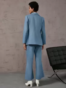 Aveloria Double Button Blazer & Flare Leg Pants Fall Cloth For Women - Baby Blue - View 3