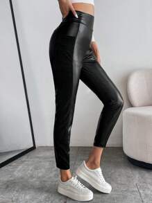 SHEIN Essnce High Waist PU Leather Leggings - Black - View 3