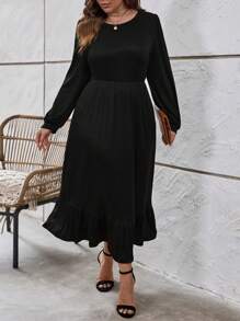 SHEIN LUNE Plus Solid Ruffle Hem Dress Without Belt - Black - View 3